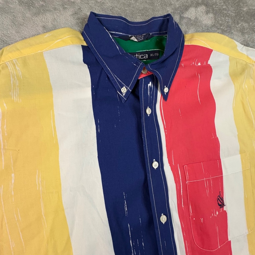VTG 90s Nautica Men's XL (2XL/3XL) Colorblock Brushstroke Striped Big Tall Shirt